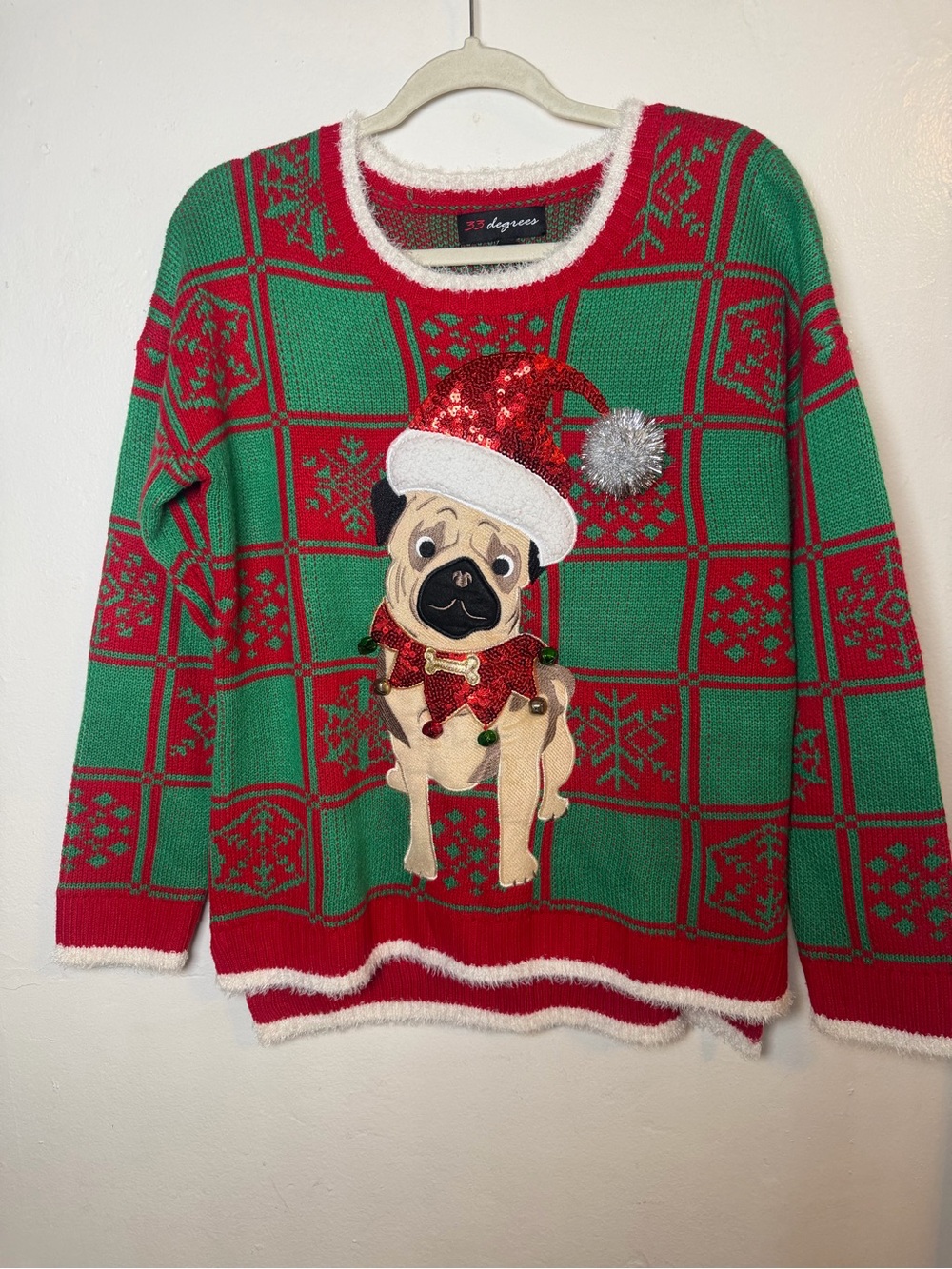 33 Degrees Christmas Pug Sweater L Ugly Holiday Sequin Santa Hat Jingle Bells - Picture 3 of 10